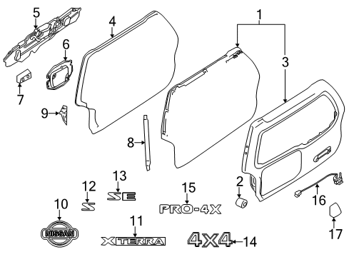 2013 Nissan Xterra Lift Gate & Hardware, Exterior Trim Bracket-Back Door Diagram for 76649-EA000