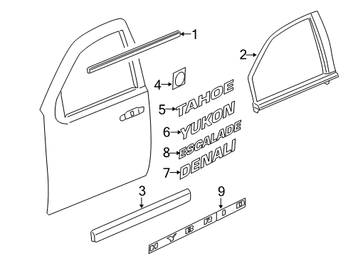 2009 GMC Yukon Exterior Trim - Front Door Body Side Molding Diagram for 25991740