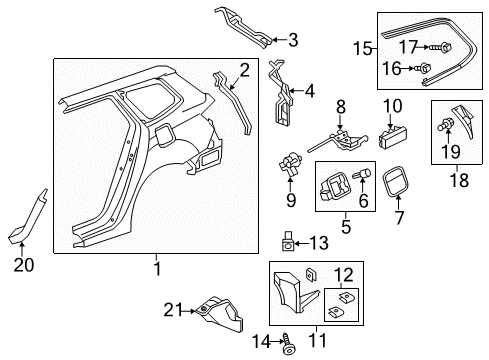 2014 Acura TSX Quarter Panel & Components, Exterior Trim Clip, Quarter Molding Corner Diagram for 91513-SWA-003