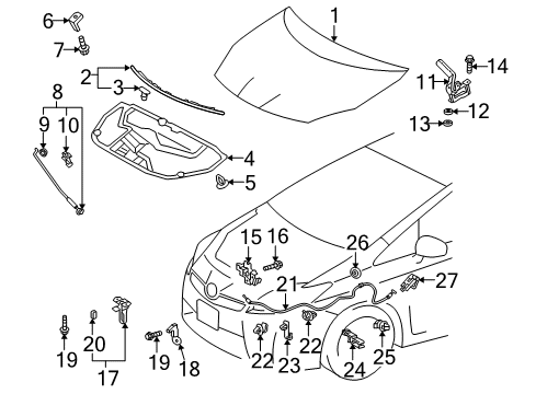 2012 Toyota Prius Plug-In Hood & Components Safety Catch Hook Diagram for 53557-47010