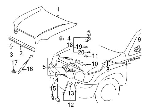 2006 Toyota Tundra Hood & Components Cable Handle Diagram for 53601-01020-B4