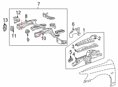 2002 Toyota Avalon Structural Components & Rails Apron Assembly Diagram for 53702-07010
