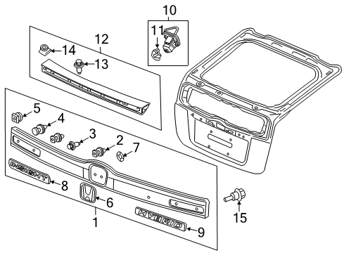 2013 Honda Insight Exterior Trim - Lift Gate Garnish Assembly, Rear License Diagram for 74890-TM9-A51