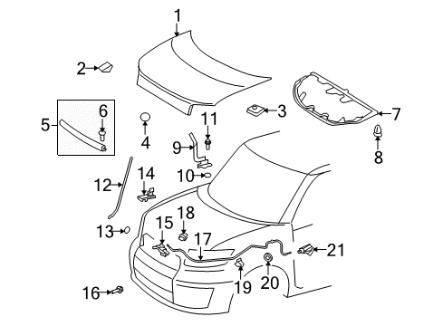 2008 Scion xB Hood & Components Support Rod Diagram for 53440-12121