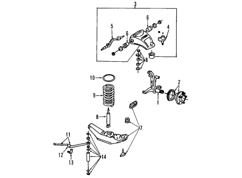 1999 Lincoln Town Car Front Suspension Components, Lower Control Arm, Upper Control Arm, Stabilizer Bar Hub & Bearing Diagram for F8AZ-1104-AA