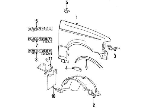 1996 Ford Ranger Fender & Components, Exterior Trim Fender Liner Diagram for F57Z-16055-B