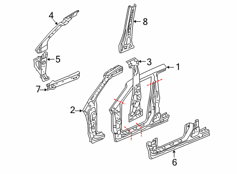 2008 Honda Pilot Aperture Panel, Center Pillar, Hinge Pillar, Rocker Pillar, R. Center (Inner) Diagram for 64220-S9V-A10ZZ