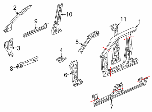2012 Honda Ridgeline Center Pillar, Hinge Pillar, Rocker, Uniside Pillar, R. FR. (Upper) (Inner) Diagram for 64121-SJC-B00ZZ