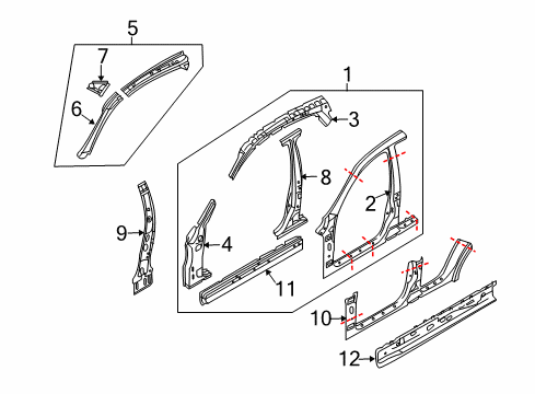 2011 Infiniti FX50 Aperture Panel, Center Pillar & Rocker, Hinge Pillar Sill-Inner, LH Diagram for 76451-1CA0A