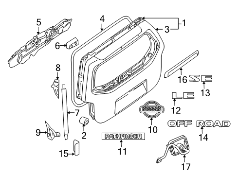 2008 Nissan Pathfinder Lift Gate & Hardware, Exterior Trim Bracket-Back Door, LH Diagram for 90477-EA500