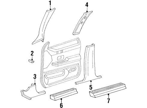 1997 Mercury Grand Marquis Interior Trim - Pillars, Rocker & Floor Windshield Pillar Trim Diagram for F7AZ5403599AAB