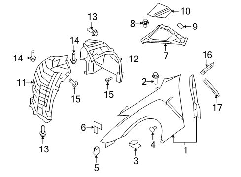 2015 Nissan GT-R Fender & Components, Exterior Trim Protector-Front Fender, Front LH Diagram for 63845-62B2B