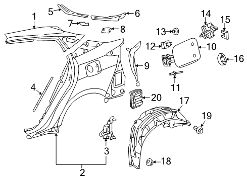 2020 Toyota Prius Quarter Panel & Components Lock Cover Retainer Diagram for 77377-47040