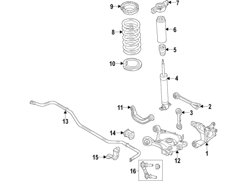 2016 Ford Mustang Rear Suspension Components, Lower Control Arm, Upper Control Arm, Stabilizer Bar Coil Spring Diagram for JR3Z-5560-E