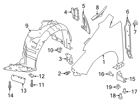2022 Nissan LEAF Fender & Components, Exterior Trim Bracket-Front Fender Lower, LH Diagram for 63161-5SK0A