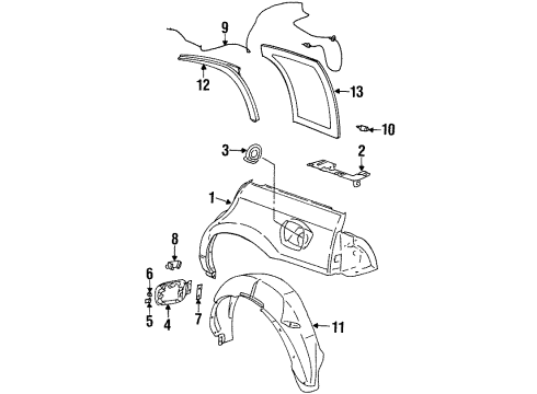 1997 Saturn SW1 Quarter Panel & Components, Glass, Exterior Trim Liner, Rear Wheelhouse Diagram for 21124823