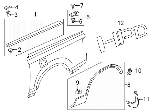 2021 Honda Ridgeline Exterior Trim - Quarter Panel Garnish Assy., L. FR. Bed Rail Diagram for 74462-T6Z-A00