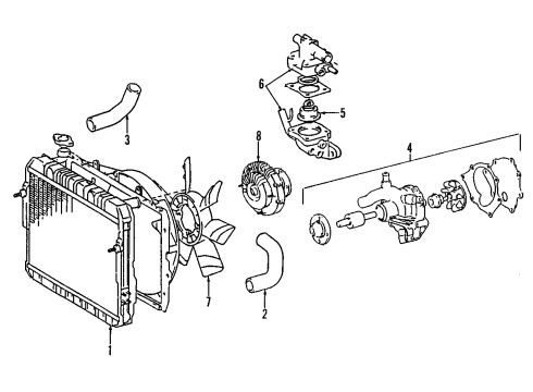 1986 Toyota Land Cruiser Cooling System, Radiator, Water Pump, Cooling Fan Bracket, Radiator Diagram for 16585-61010