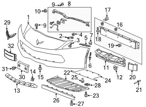 2019 Chevrolet Corvette Front Bumper Side Retainer Retainer Nut Diagram for 11561333