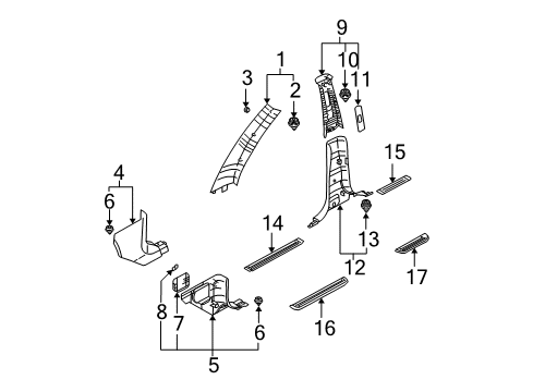 2005 Kia Sorento Interior Trim - Pillars, Rocker & Floor Locking Hook Diagram for 0K53A68114FC