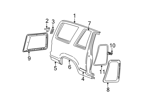 1996 Ford Explorer Quarter Panel & Components, Glass, Exterior Trim Body Side Molding Diagram for F5TZ-7829038-CB