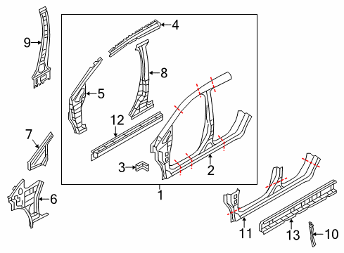 2012 Nissan Leaf Aperture Panel, Center Pillar, Hinge Pillar, Rocker Dash Side RH Diagram for 76240-3NA0A