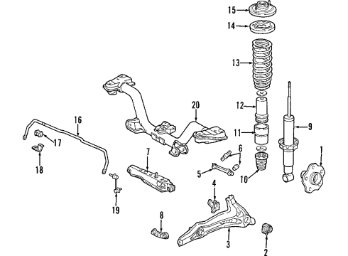 2000 Honda CR-V Rear Suspension Components, Lower Control Arm, Upper Control Arm, Stabilizer Bar Bearing Assembly, Right Rear Hub Unit Diagram for 42200-S10-A01