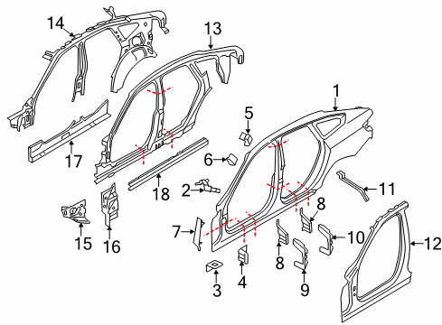 2015 BMW 328i GT xDrive Hinge Pillar, Rocker, Uniside Side Frame, Exterior, Left Diagram for 41007334011