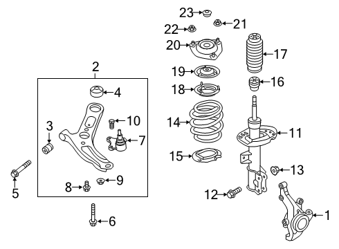 2019 Hyundai Veloster Front Suspension Components, Lower Control Arm, Stabilizer Bar Front Suspension Strut Dust Cover Diagram for 54625F2000