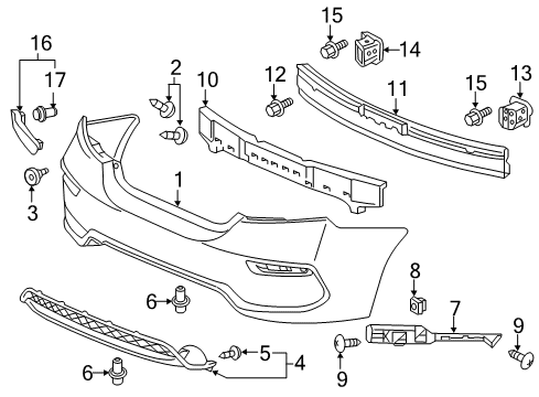 2015 Honda Civic Rear Bumper Absorber, RR. Bumper Diagram for 71570-TS8-A50