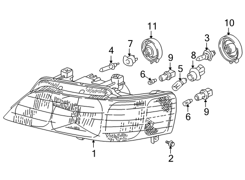 1998 Acura RL Headlamps Right Headlight Unit Diagram for 33101-SZ3-A01