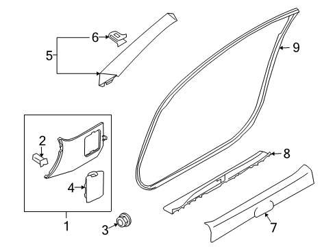 2014 Nissan 370Z Interior Trim - Pillars, Rocker & Floor GARNISH Assembly-Front Pillar, LH Diagram for 76912-1ET0A