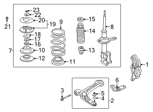 2006 Honda Insight Front Suspension Components, Lower Control Arm, Stabilizer Bar Shock Absorber Assembly, Right Front Diagram for 51601-S3Y-A02