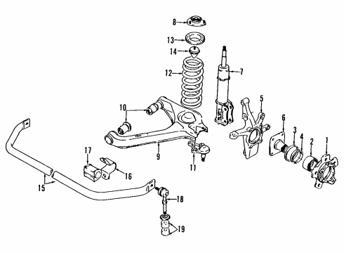 1992 Geo Tracker Front Suspension Components, Lower Control Arm, Stabilizer Bar Clamp, Front Stabilizer Shaft Insulator Diagram for 96058613