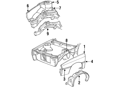 1992 Chrysler LeBaron Fender & Components, Structural Components & Rails, Exterior Trim Shield Fender W/HSE Splash R Diagram for 4534330