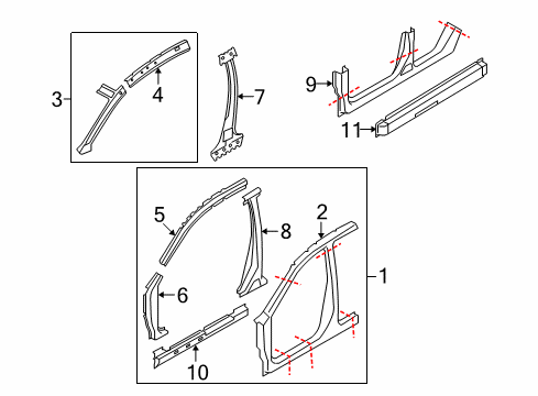 2009 Nissan Rogue Aperture Panel, Center Pillar & Rocker, Hinge Pillar Sill-Inner, LH Diagram for 76451-JM00A