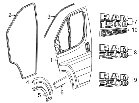 2015 Ram ProMaster 2500 Front Door & Components, Exterior Trim Molding-Door Outside Diagram for 1ZT58LAHAA