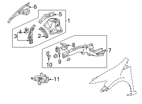 2010 Honda Insight Structural Components & Rails Bracket, L. FR. Fender Diagram for 60758-TM8-A00ZZ