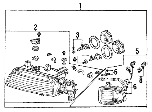 1992 Acura Legend Bulbs Driver Side Headlight Assembly Composite Diagram for 33150-SP0-A03