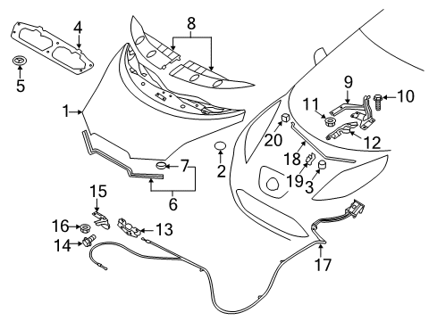 2012 Nissan Leaf Hood & Components Male Hood Lock Diagram for 65601-3NA0A