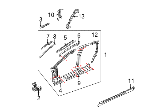 2003 Saturn LW200 Center Pillar & Rocker, Hinge Pillar, Uniside Support, Windshield Side Reveal Molding Diagram for 21019535