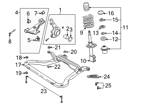 2000 Saturn LS1 Front Suspension Components, Lower Control Arm, Stabilizer Bar Steering Knuckle Assembly Diagram for 21018784