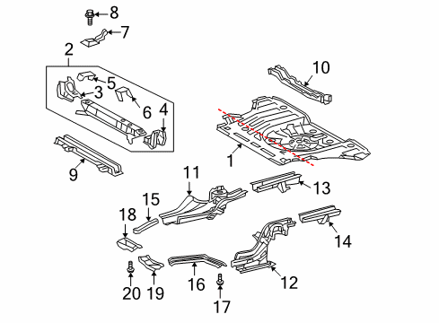 2010 Scion tC Rear Body - Floor & Rails Center Crossmember Diagram for 57069-21020