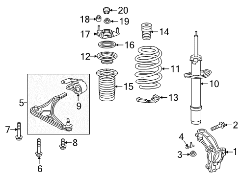 2019 Honda Odyssey Front Suspension Components, Lower Control Arm, Stabilizer Bar Shock Absorber Unit, Right Front Diagram for 51611-THR-A92