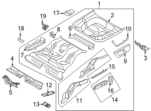 2010 Lincoln MKS Rear Floor & Rails Floor Pan Assembly Diagram for DG1Z-5411215-A