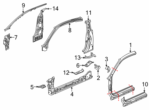 2016 Honda Civic Aperture Panel, Center Pillar, Hinge Pillar, Rocker Separator, L. Center Pillar Stiffener Diagram for 63617-TBG-A01