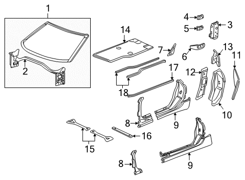 2003 Chevrolet Corvette Hinge Pillar, Lock Pillar, Rocker, Floor Floor Pan Diagram for 89023043