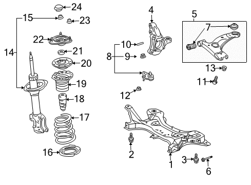 2009 Toyota Prius Front Suspension Components, Lower Control Arm, Stabilizer Bar Knuckle Diagram for 43202-47010