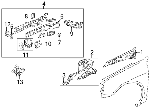 2004 Acura RSX Structural Components & Rails Frame, Left Front Side Diagram for 60910-S6M-H00ZZ