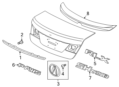 2017 Acura RLX Spoiler, Exterior Trim Garnish Assembly, Rear License Diagram for 74890-TY2-A01